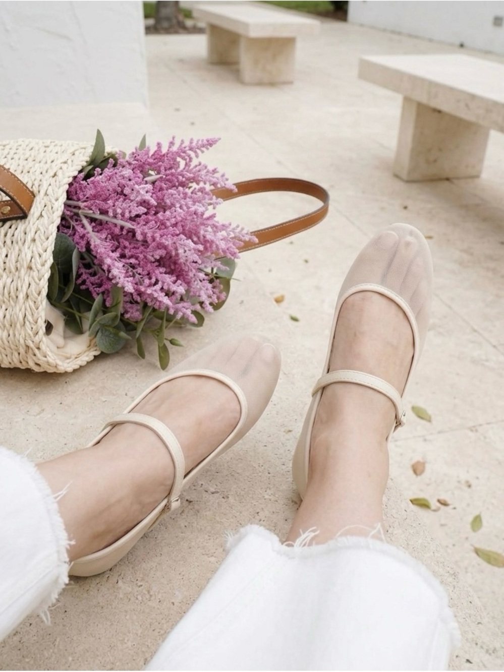 Women’s Neutral Cream mesh Mary Jane Flats